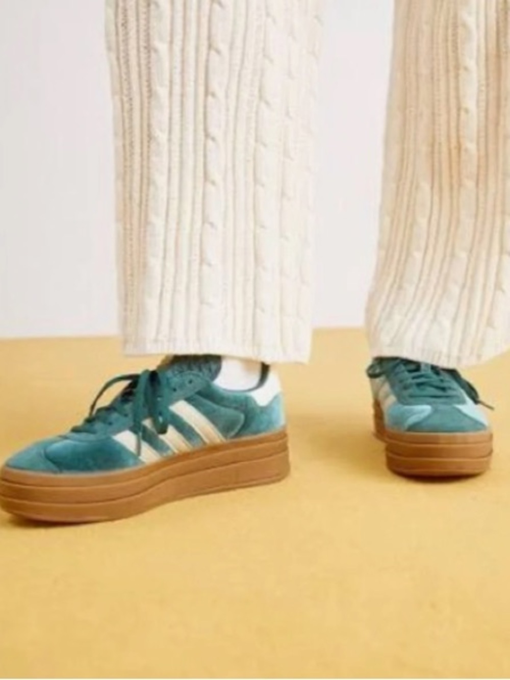 adidas platform Gazelle Velvet Sneakers in dark  Green with Cream Stripes